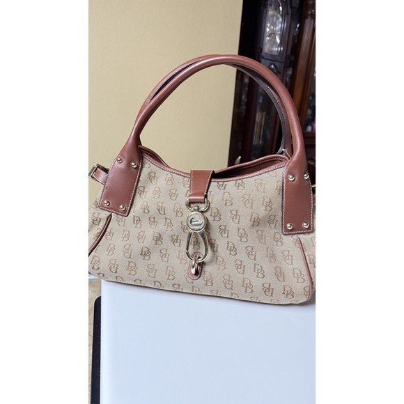 Dooney Bourke DB signature Logo Jacquard Tote‎ Satchel Handbag Large Brown Vtg